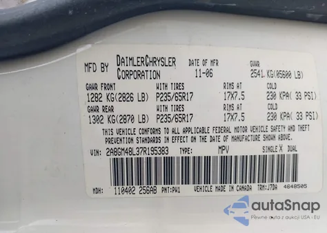 2007 Chrysler Pacifica z USA, uszkodzony, nr VIN 2A8GM48L37R195383